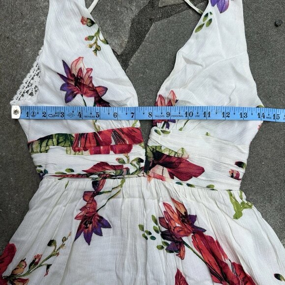 Womens Boho Floral Mini Dress Small White Deep V Neck Lace Straps - Picture 12 of 13